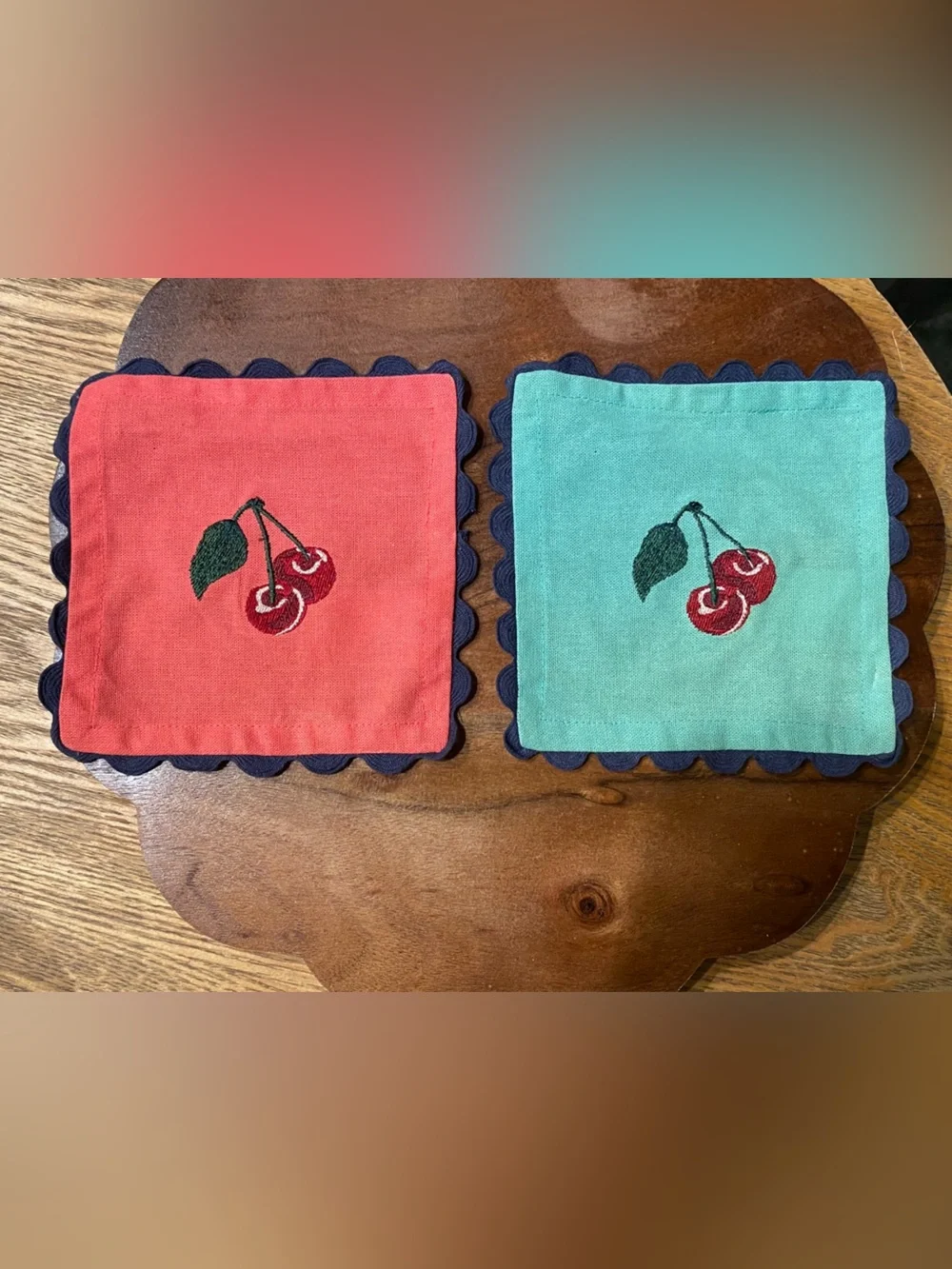Anthropologie Embroidered Cherry Scalloped Linen Coasters Set of 2